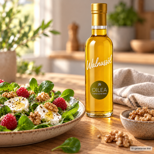 OILEA Walnussöl zu Feldsalat mit Ziegenkäse, Himbeeren und Walnüssen – Serviervorschlag