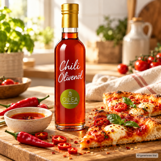 OILEA Chili-Olivenöl mit Pizza und frischen Chilis – Serviervorschlag