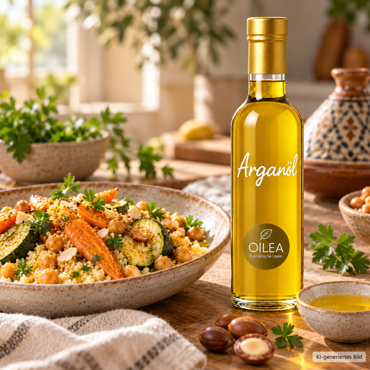 OILEA Arganöl zu Couscous mit geröstetem Gemüse und Kichererbsen – Serviervorschlag