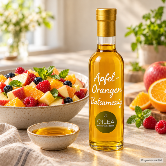 OILEA Apfel-Orangen Balsamessig zu frischem Obstsalat – Serviervorschlag