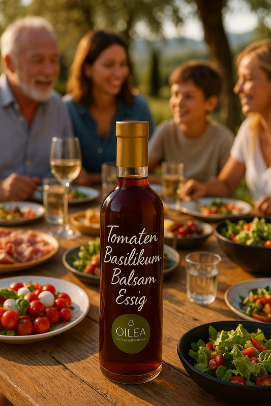 Tomaten-Basilikum-Balsam Essig â Mediterran-WĂŒrzig & Aromatisch | Premium QualitĂ€t von OILEA. 3âŻ% SĂ€ure