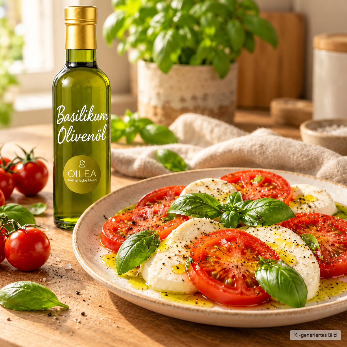 Tomate-Mozzarella mit OILEA Basilikum-Olivenöl – Detailansicht des Serviervorschlags