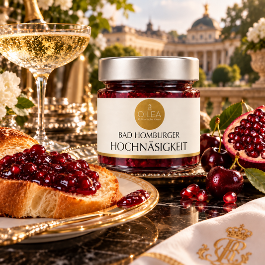 Bad Homburger Hochnäsigkeit auf Brioche mit Champagner und Granatapfel, KI-generiertes Anwendungsbild