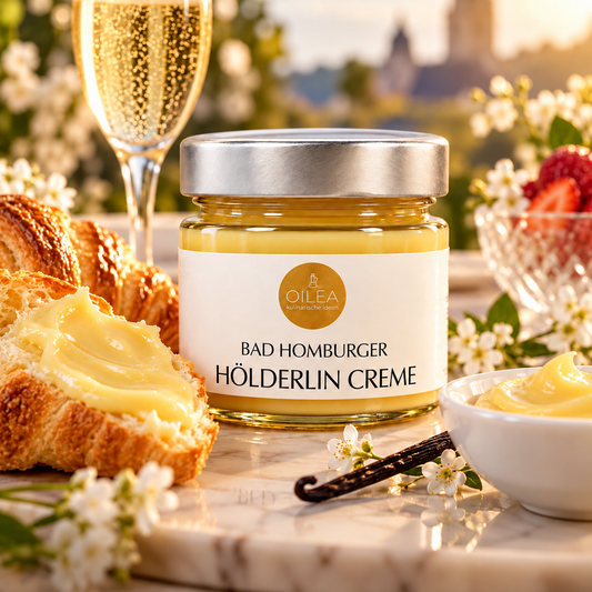 Bad Homburger Hölderlin Creme als Aufstrich auf Brioche mit Prosecco, KI-generiertes Bild