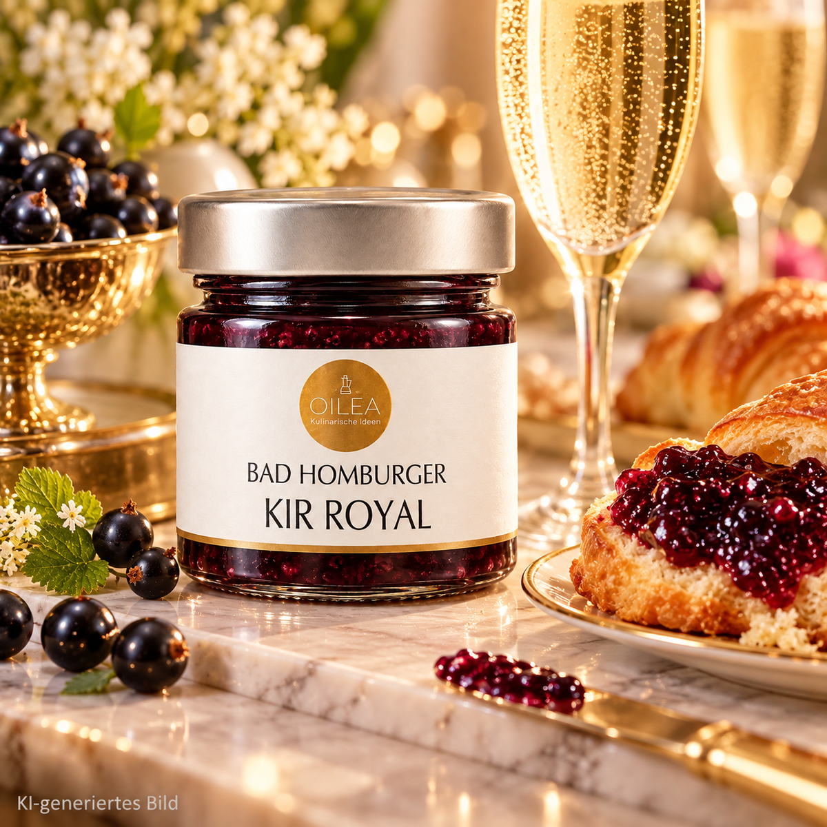 KI-generiertes Anwendungsbild Bad Homburger Kir Royal mit Brioche, Cassis und Prosecco
