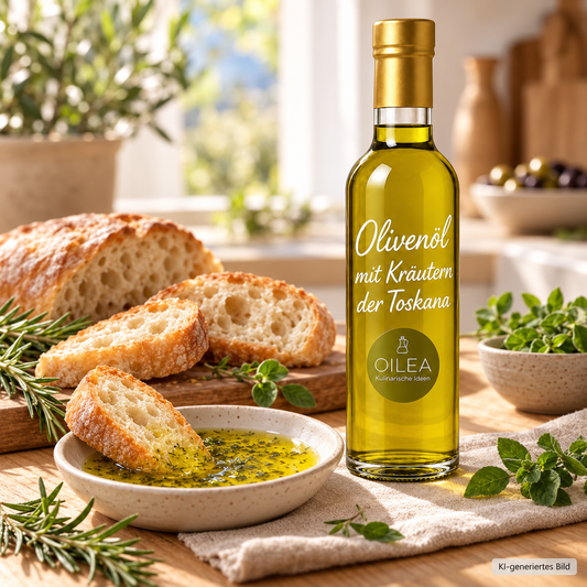 OILEA Olivenöl mit Kräutern der Toskana zu Ciabatta und Kräuteröl-Dip – Serviervorschlag