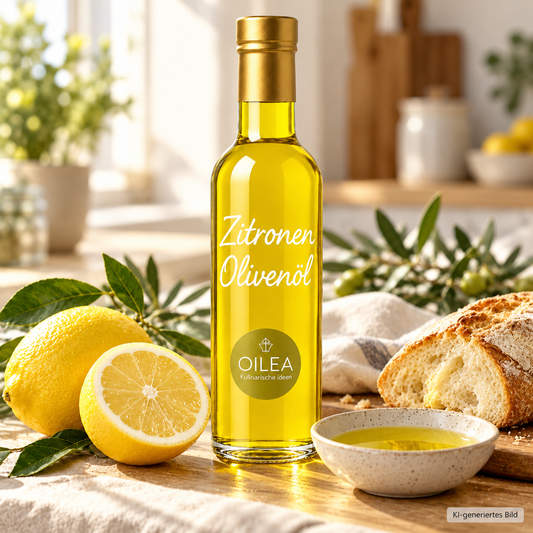 OILEA Zitronen-Olivenöl mit frischen Zitronen, Brot und einer Schale Öl – Serviervorschlag