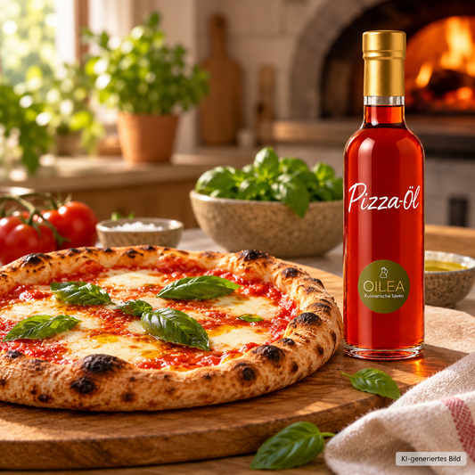 OILEA Pizza-Öl zu frisch gebackener Pizza Margherita – Serviervorschlag