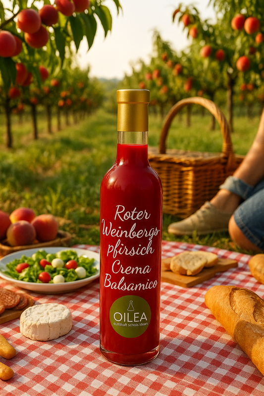 Roter Weinbergs-Pfirsich Crema Balsamico â Aromatisch, Fruchtig & VerfĂŒhrerisch | Premium QualitĂ€t von OILEA
