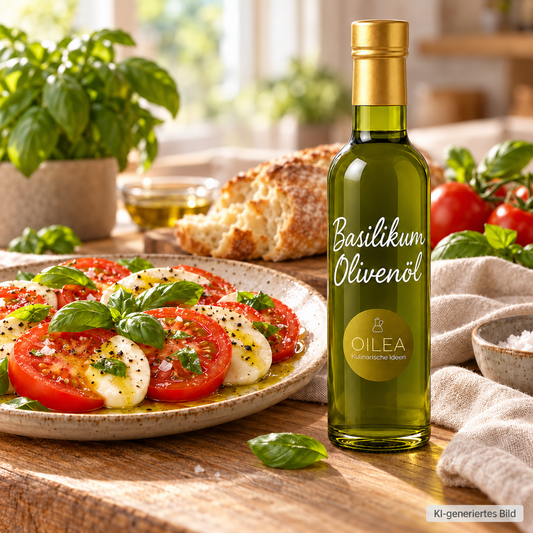 OILEA Basilikum-Olivenöl zu Tomate-Mozzarella und frischem Basilikum – Serviervorschlag