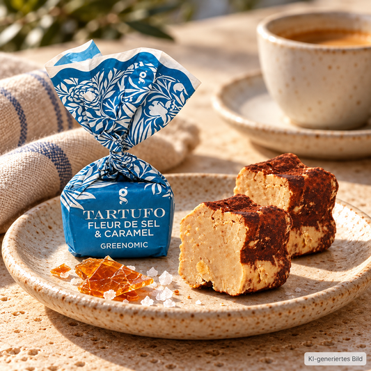 Greenomic Tartufo Fleur de Sel & Caramel – Salzkaramellpralinen mit Kaffee, Karamell und Meersalz in warmem Ambiente