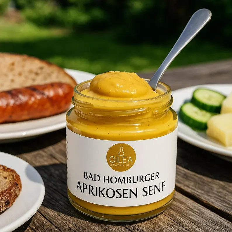 Bad Homburger Aprikosen Senf | Handgemachter Frucht-Senf aus Manufaktur | Feinkost-Senf für Käse, Fleisch, Dressings, Grillen. 115ml.