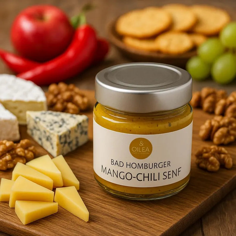 Bad Homburger Mango-Chili Senf | Fruchtig-Scharf | Hausgemacht | Feinkost-Senf | Perfekt zu Käse & Gegrilltem. 115ml.