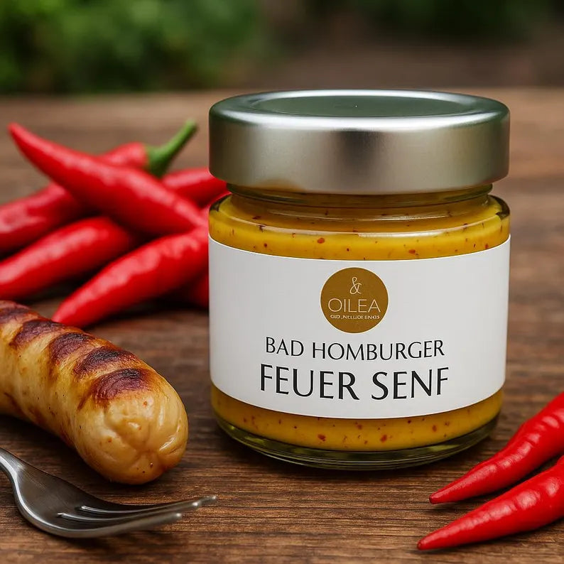 Bad Homburger Feuer Senf | Handgemachter Chili-Senf aus Manufaktur | Scharf-würzig für Fleisch, Grill, Brotzeit, Geschenkidee 115ml