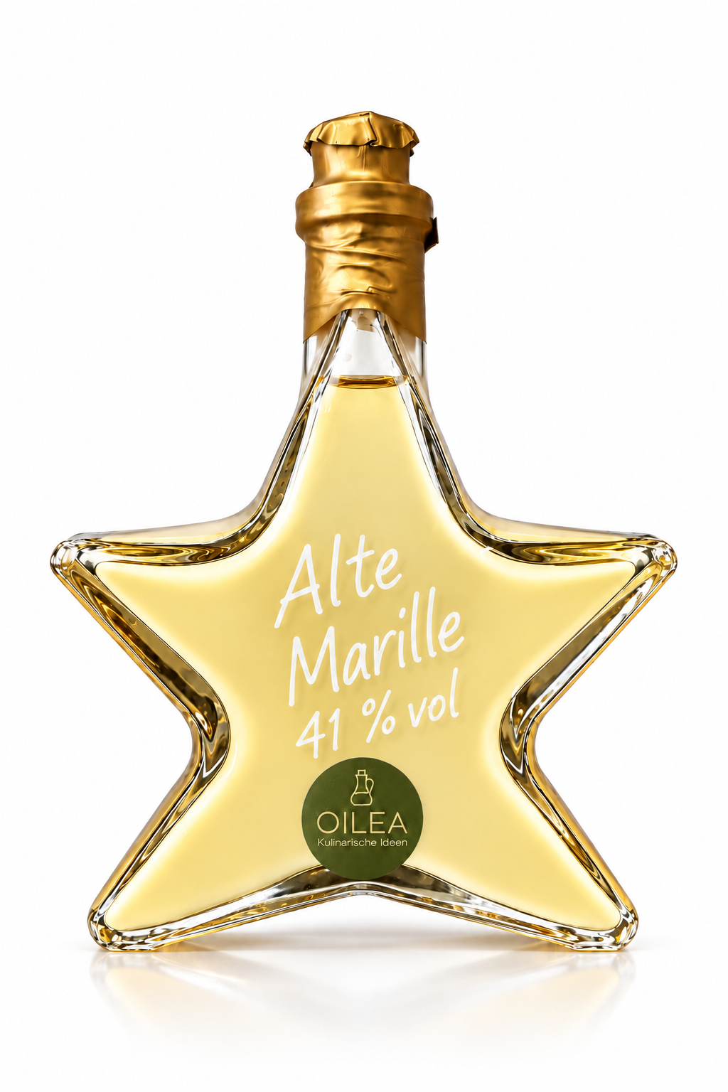 Alte Marille 41 % vol in der OILEA-Sternflasche mit 200 ml, goldfarbenem Verschluss und olivgrünem OILEA-Aufkleber auf weißem Hintergrund