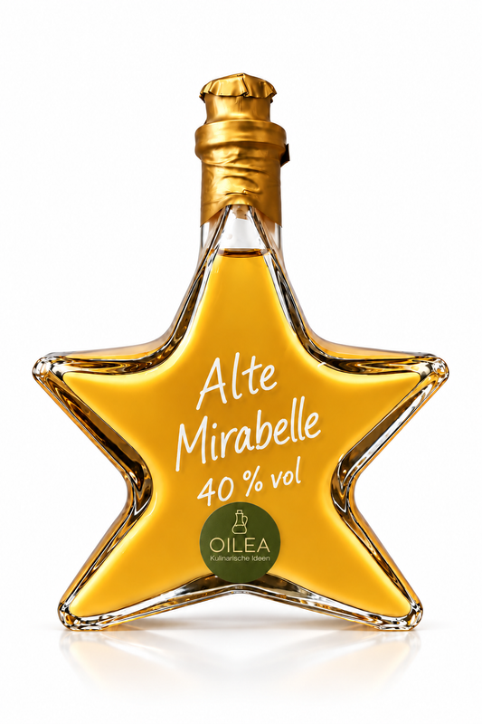 Alte Mirabelle 40 % vol in der OILEA-Sternflasche mit 200 ml, goldfarbenem Verschluss und olivgrünem OILEA-Aufkleber auf weißem Hintergrund