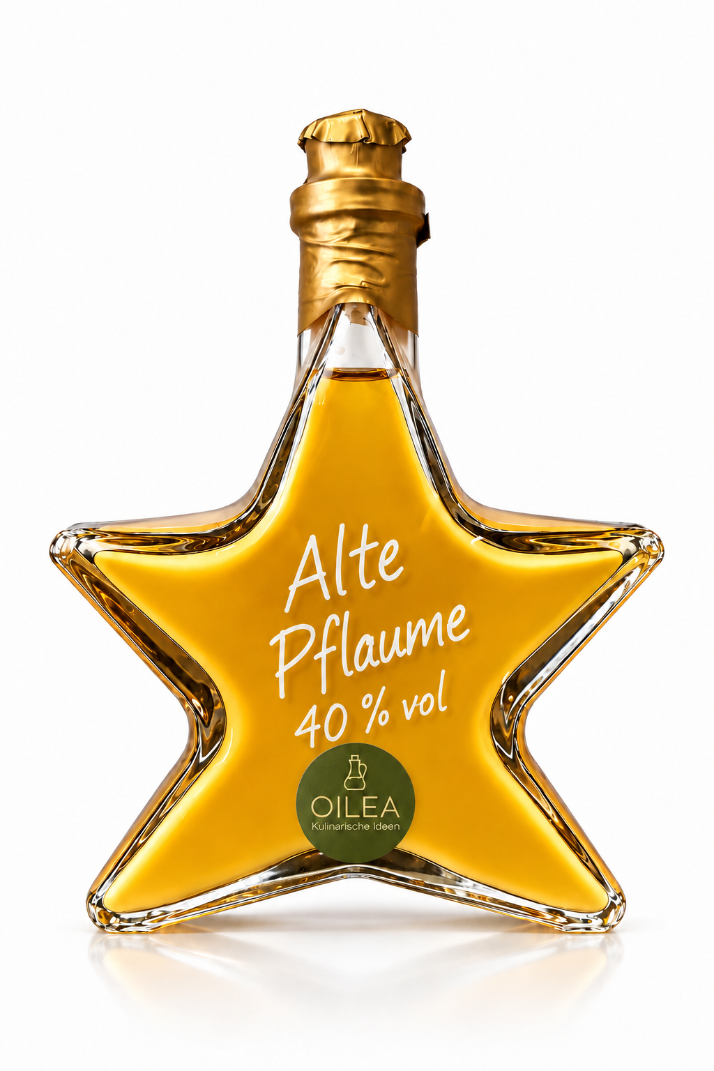 Alte Pflaume 40 % vol in der OILEA-Sternflasche mit 200 ml, goldfarbenem Verschluss und olivgrünem OILEA-Aufkleber auf weißem Hintergrund