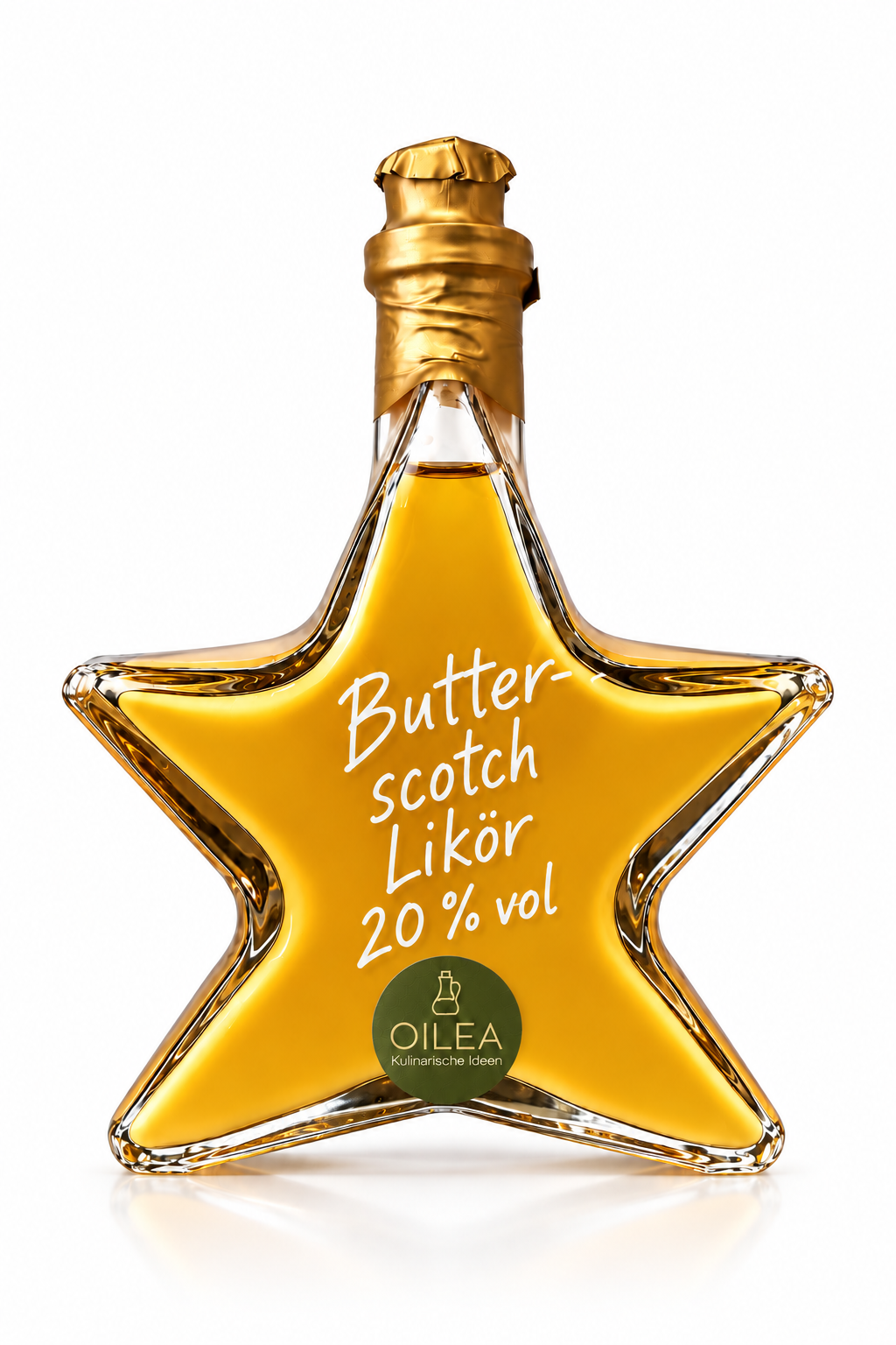 Butterscotch Likör 20 % vol in der OILEA-Sternflasche mit 200 ml, goldfarbenem Verschluss und olivgrünem OILEA-Aufkleber auf weißem Hintergrund