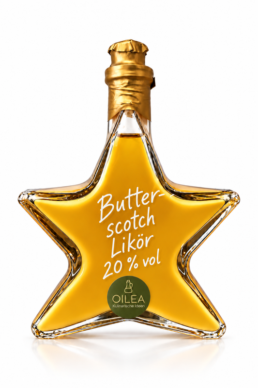 Butterscotch Likör 20 % vol in der OILEA-Sternflasche mit 200 ml, goldfarbenem Verschluss und olivgrünem OILEA-Aufkleber auf weißem Hintergrund