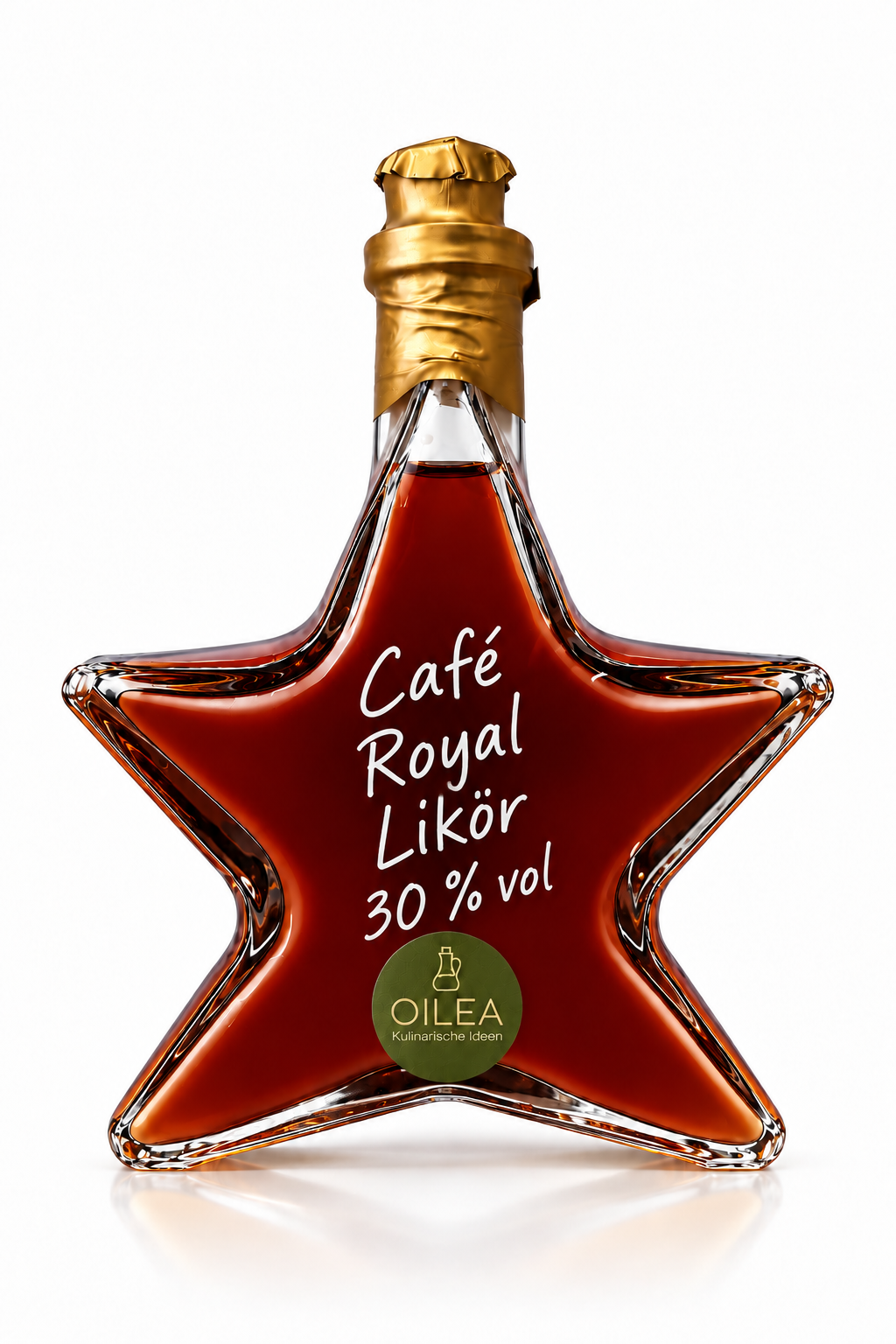 Café Royal Likör 30 % vol in der OILEA-Sternflasche mit 200 ml, goldfarbenem Verschluss und olivgrünem OILEA-Aufkleber auf weißem Hintergrund