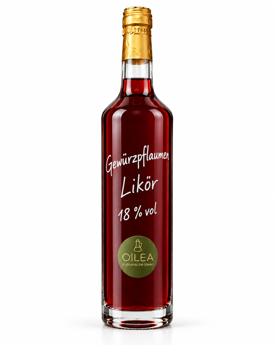 Gewürzpflaumen Likör 18 % vol in der OILEA-Geradhalsflasche 500 ml auf weißem Hintergrund