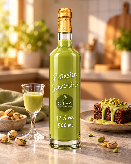 Pistazien Sahne-Likör 17 % vol in der OILEA-Flasche 500 ml mit Likörglas, Pistazien und Schokoladenbrownie