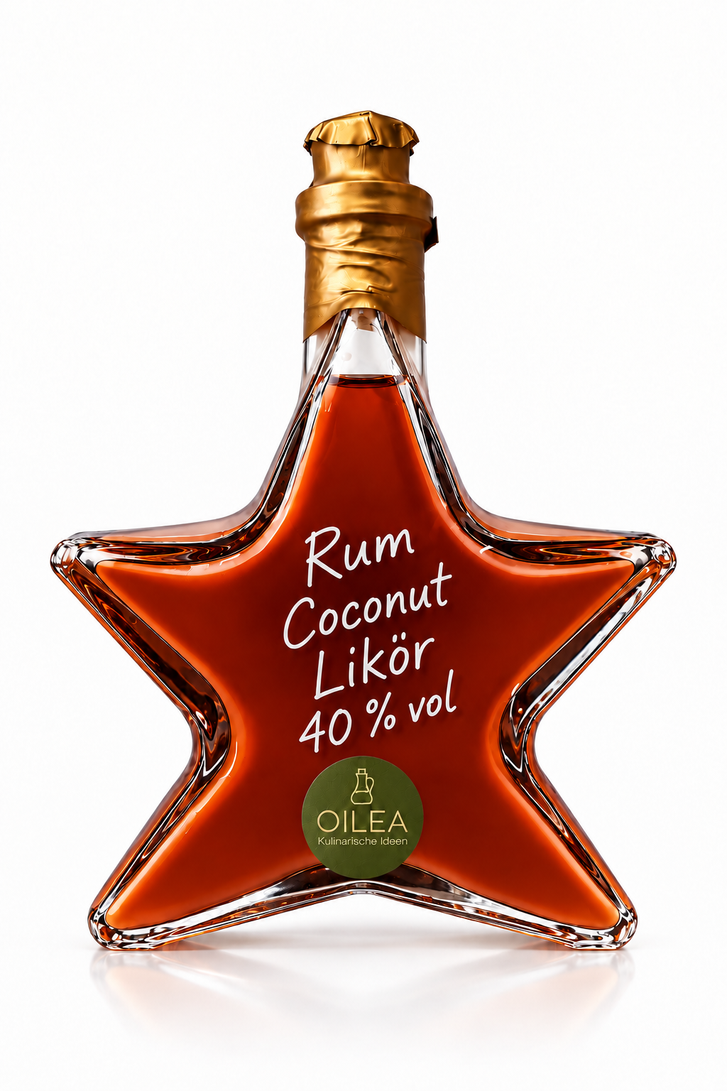 Rum Coconut Likör 40 % vol in der OILEA-Sternflasche mit 200 ml, goldfarbenem Verschluss und olivgrünem OILEA-Aufkleber auf weißem Hintergrund