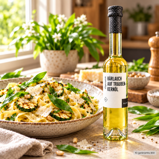 Wajos Bärlauch auf Traubenkernöl zu Tagliatelle mit Zucchini – Serviervorschlag