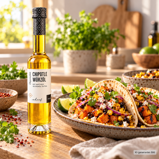 Wajos Chipotle Würzöl zu Tacos mit Süßkartoffeln, schwarzen Bohnen und Mais – Serviervorschlag