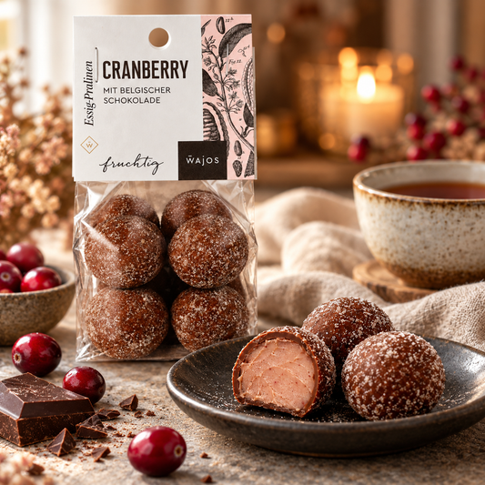 Cranberry-Essig-Pralinen mit Anschnitt, Cranberrys, Schokolade und Tee im warmen Ambiente