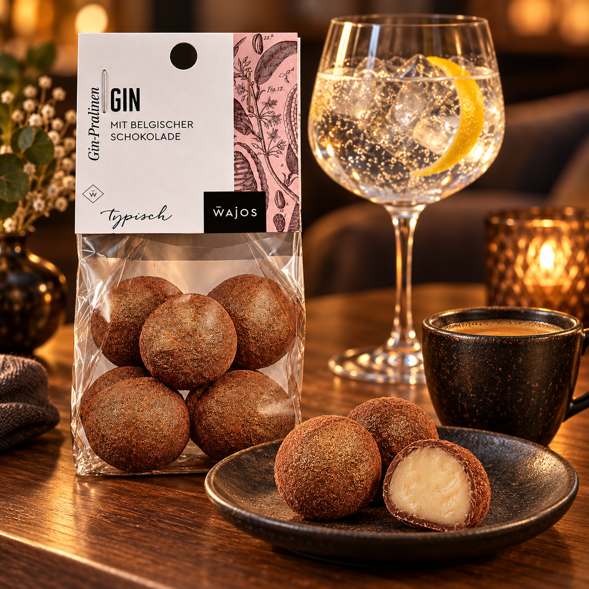 Gin-Pralinen mit Anschnitt zu Espresso und Gin Tonic im warmen Abend-Ambiente