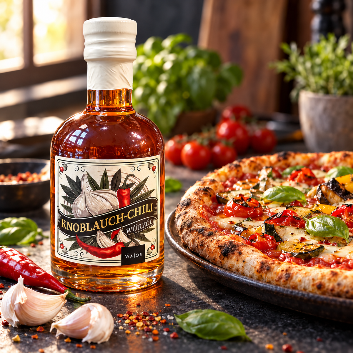 Knoblauch-Chili Würzöl von Wajos mit Pizza, Knoblauch und Chili – Anwendungsidee