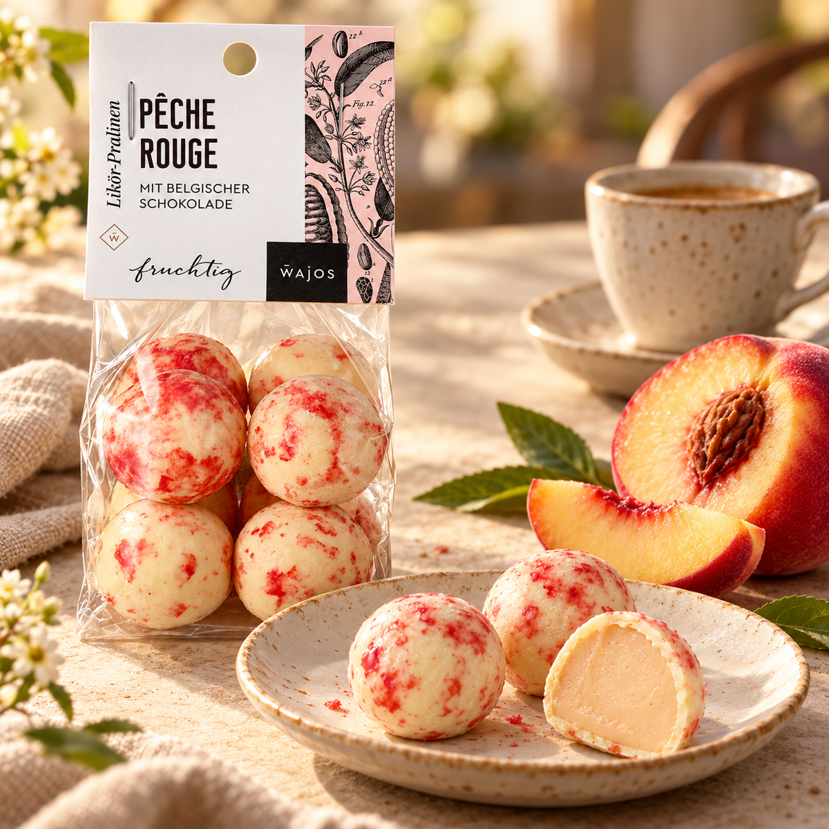 Pêche Rouge Pralinen mit Anschnitt, Pfirsich und Kaffee auf einem gedeckten Tisch