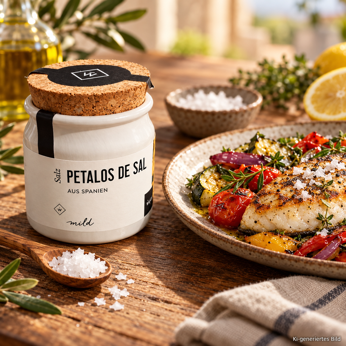 Pétalos de Sal als Finishing-Salz zu gegrilltem Fisch und mediterranem Gemüse – KI-generiertes Anwendungsbild
