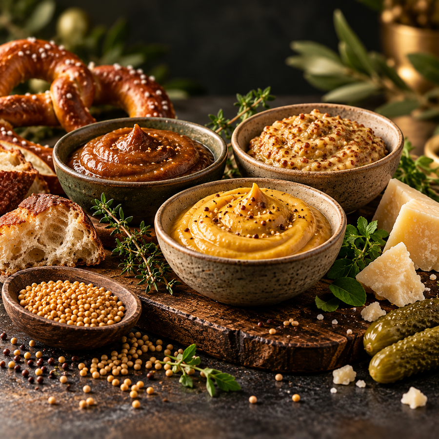 Verschiedene Senfspezialitäten mit Brot, Käse und Kräutern