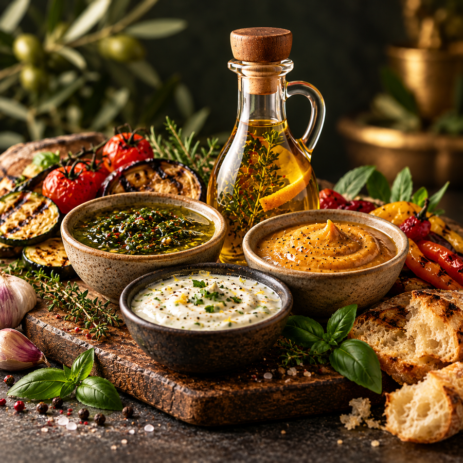 Gourmetsoßen mit Kräutern, Grillgemüse und Brot