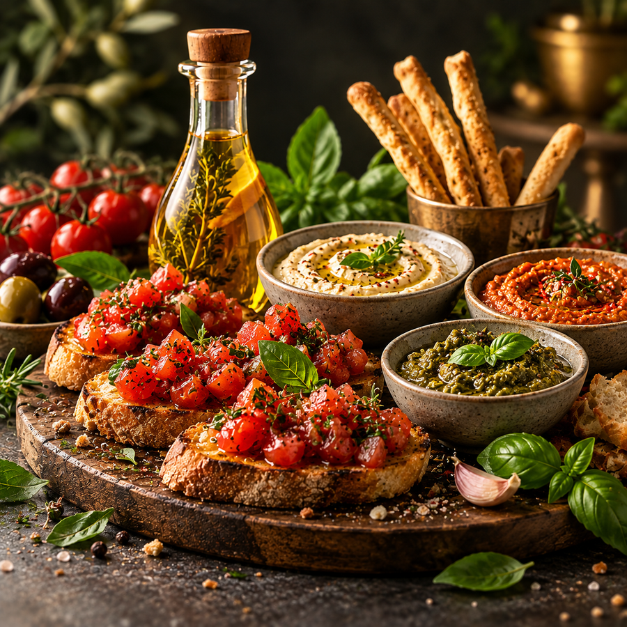 Bruschetta mit Tomaten und Kräutern neben verschiedenen Dips