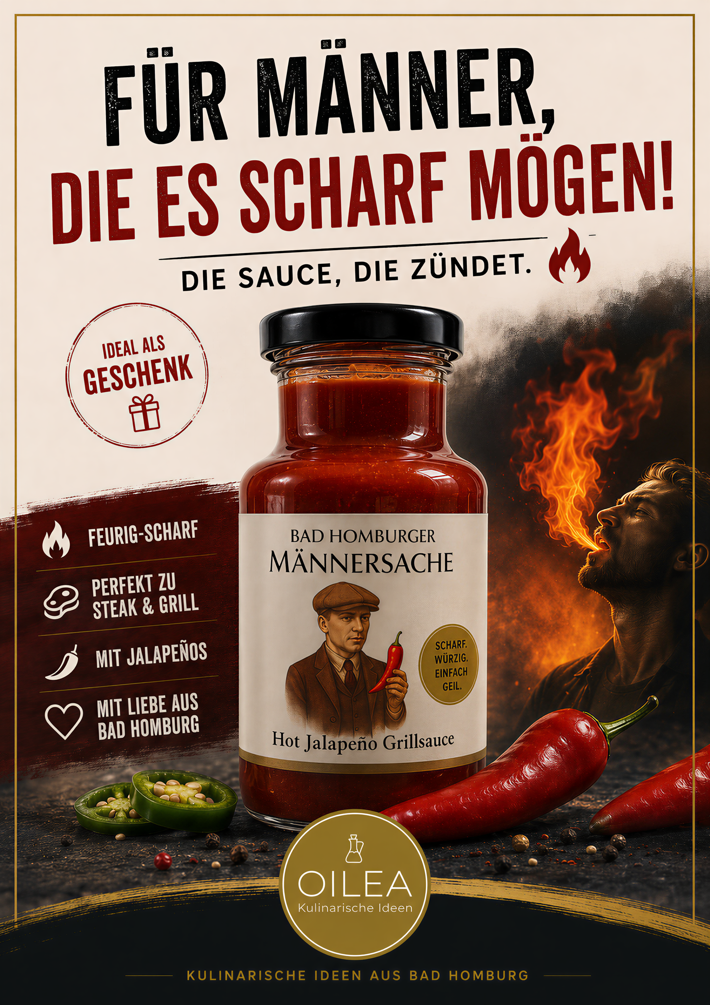 Bad Homburger MÄNNERSACHE Hot Jalapeño Grillsauce – scharfe BBQ-Sauce, Männergeschenk, Grillen, BBQ, Handmade.