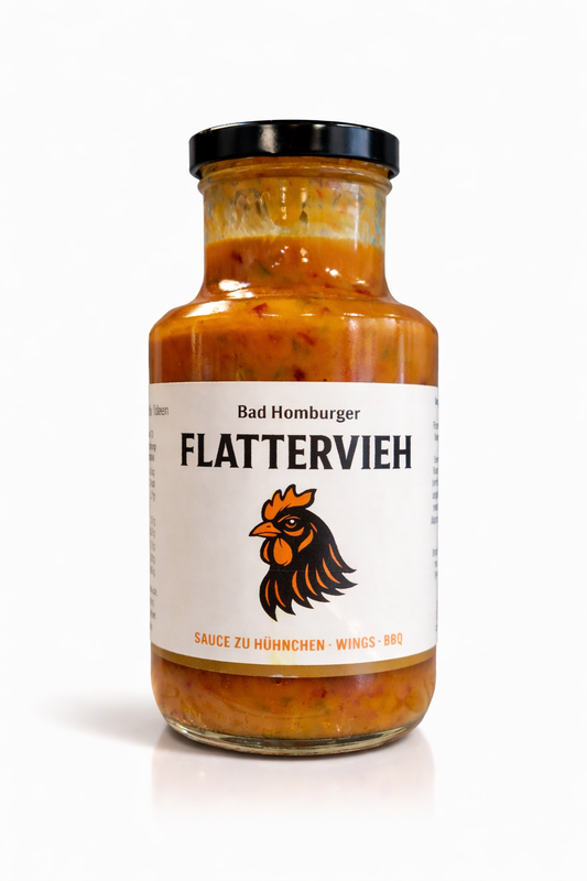 Bad Homburger FLATTERVIEH – Mango Curry Grillsauce mit Rum für Hähnchen & Geflügel (250 ml)