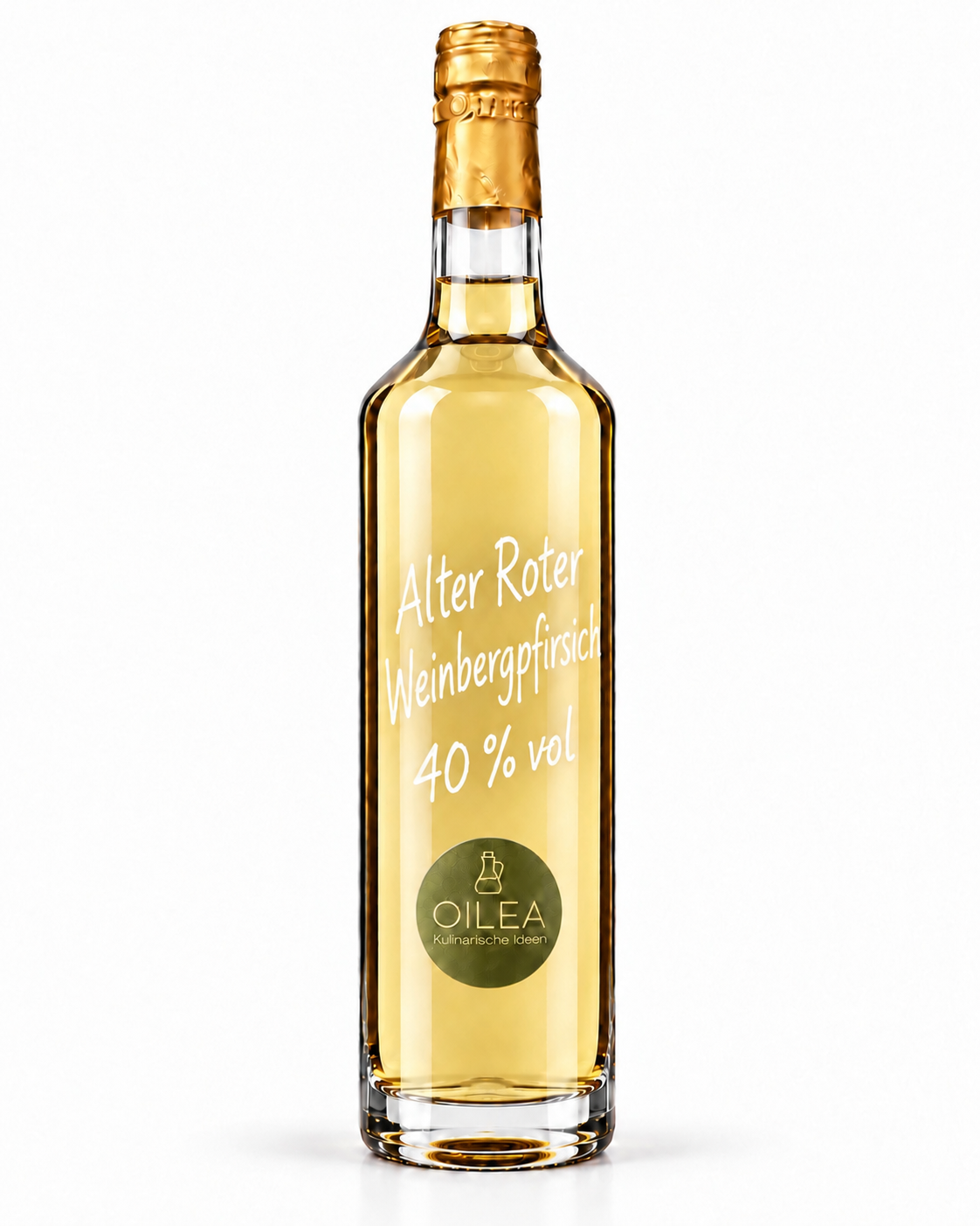 Alter Roter Weinbergpfirsich 40 % vol in der OILEA-Geradhalsflasche auf weißem Hintergrund