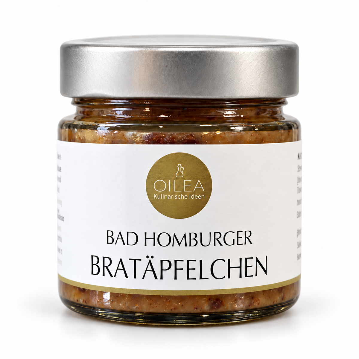 Bad Homburger Bratäpfelchen Apfel-Mandel-Fruchtaufstrich 140 g im Originalglas auf weißem Hintergrund