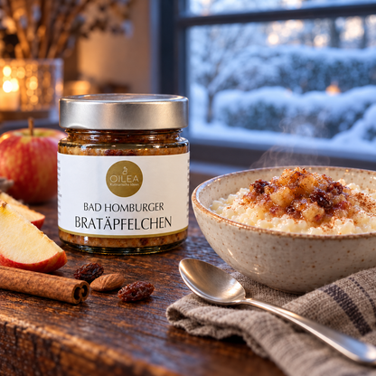 Bad Homburger Bratäpfelchen mit Apfel-Mandel-Aufstrich auf Milchreis vor einem winterlichen Fenster