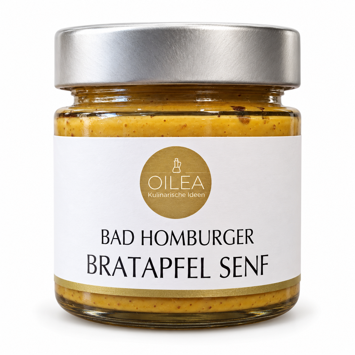 Bad Homburger Bratapfel Senf mit Apfel und Mandeln 115 ml im Originalglas auf weißem Hintergrund