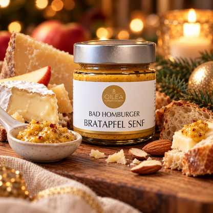 Bad Homburger Bratapfel Senf mit Apfel und Mandeln zu einer weihnachtlichen Käseplatte