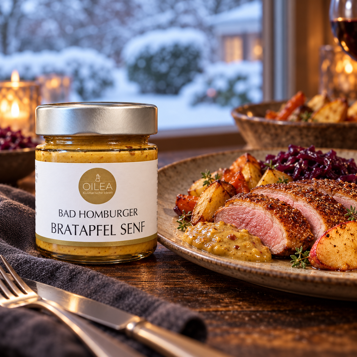 Bad Homburger Bratapfel Senf zu Entenbrust, Rotkohl und Ofengemüse in winterlichem Ambiente