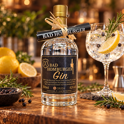 Bad Homburger Gin 500 ml – Anwendungsbild mit Botanicals
