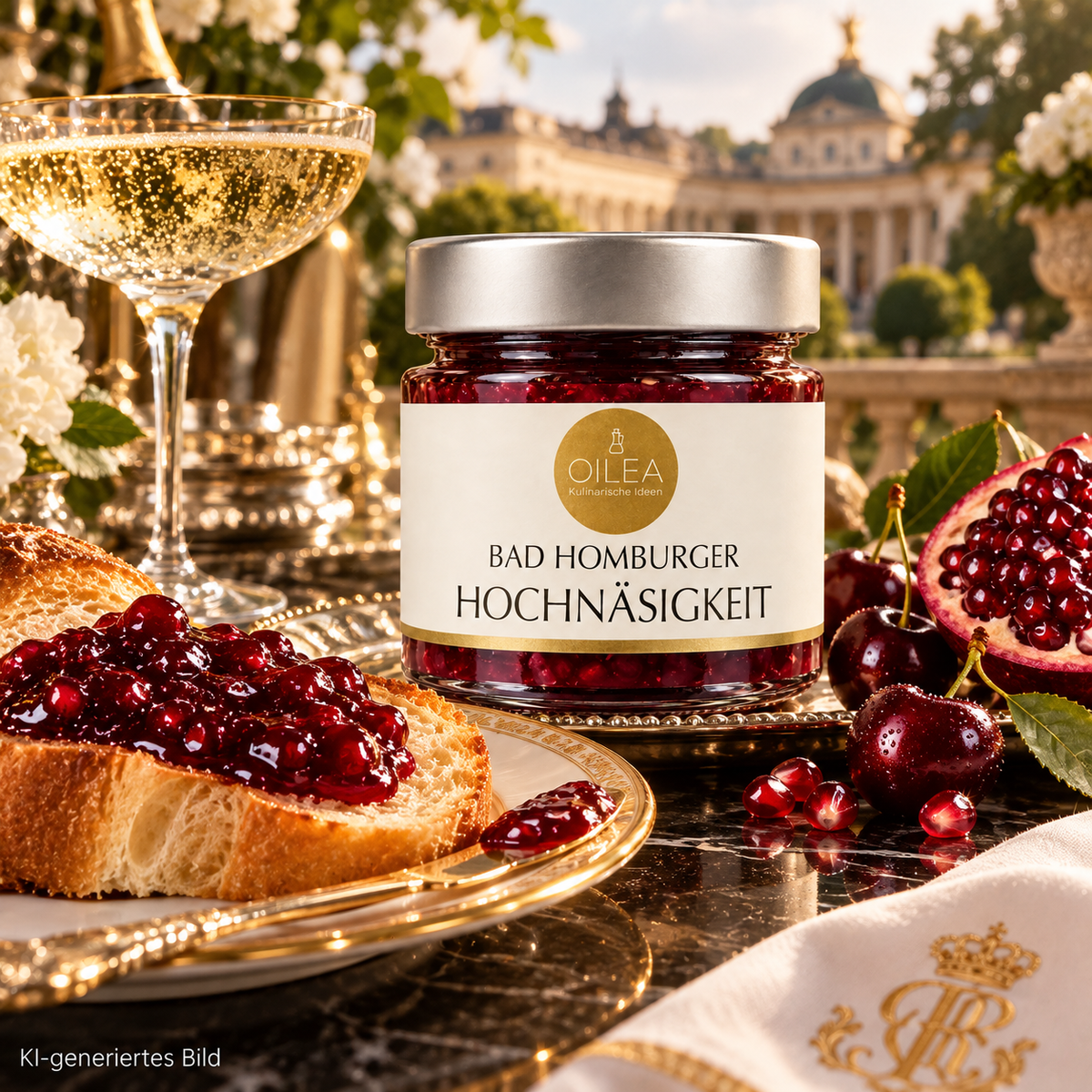 Bad Homburger Hochnäsigkeit auf Brioche mit Champagner und Granatapfel, KI-generiertes Anwendungsbild