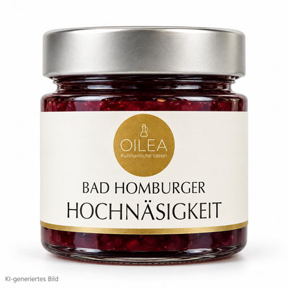 Bad Homburger Hochnäsigkeit – Granatapfel-Kirschen-Fruchtaufstrich 140 g, KI-generiertes freigestelltes Hauptbild