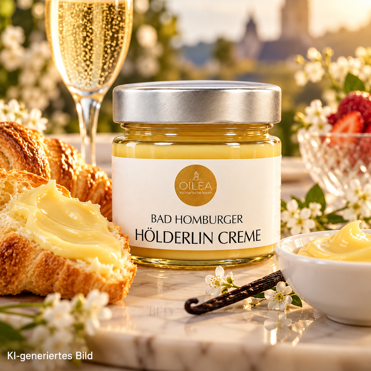 Bad Homburger Hölderlin Creme als Aufstrich auf Brioche mit Prosecco, KI-generiertes Bild