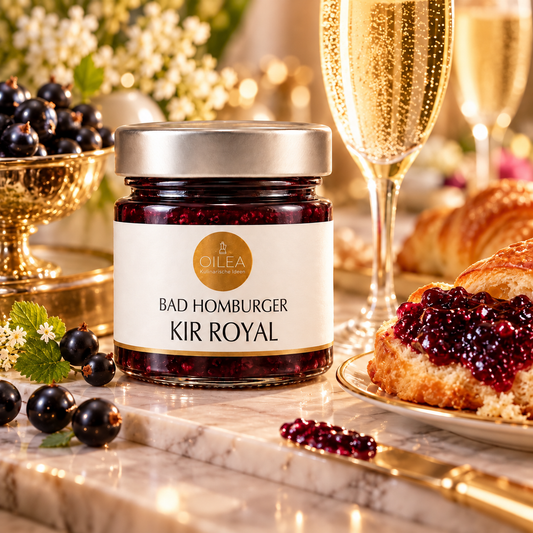 KI-generiertes Anwendungsbild Bad Homburger Kir Royal mit Brioche, Cassis und Prosecco